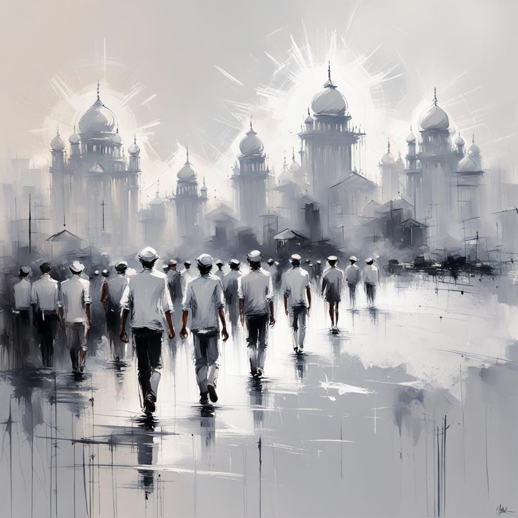 Bustling Indian City in Distressed Acrylic Style