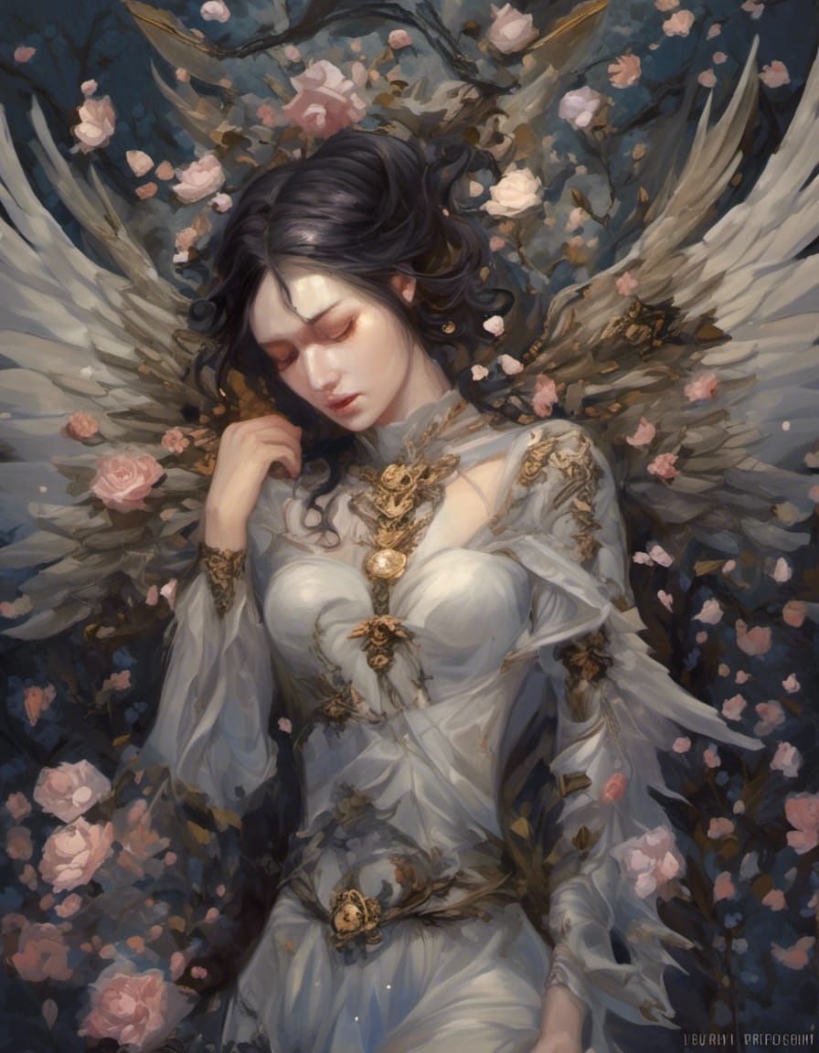 Fallen Angel Crying with Dark Wings