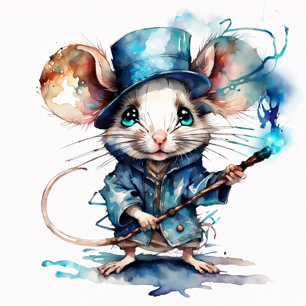 Cute Chibi Mouse Magician in Watercolor Style