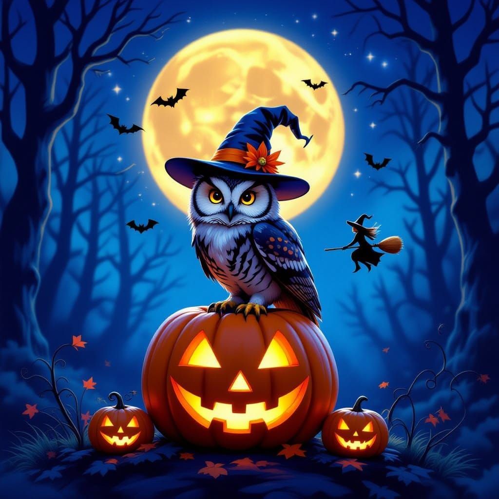 Enchanted Owl on Jack-o'-Lantern in Moonlit Forest