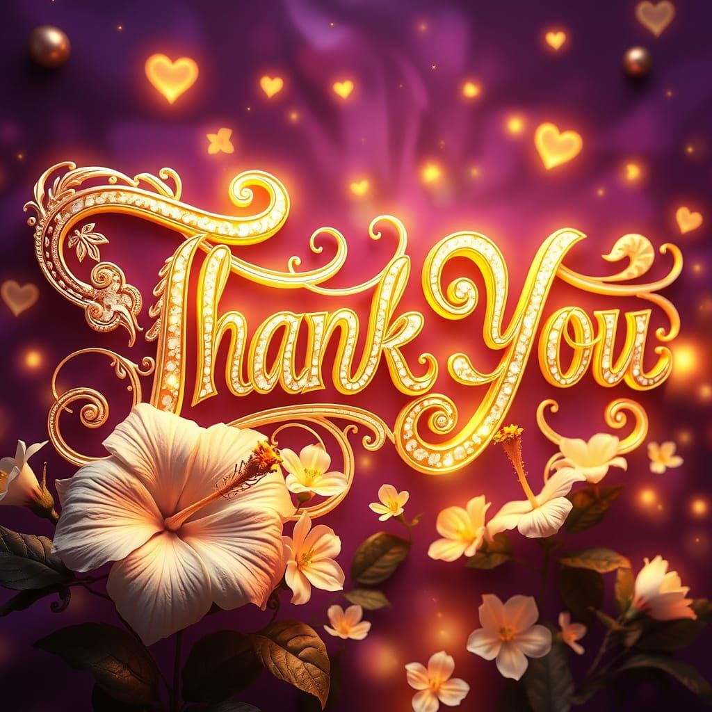 A captivating and enchanting 3D digital artwork featuring the name "THANK YOU" in an exquisite, luxurious, and elegant s...