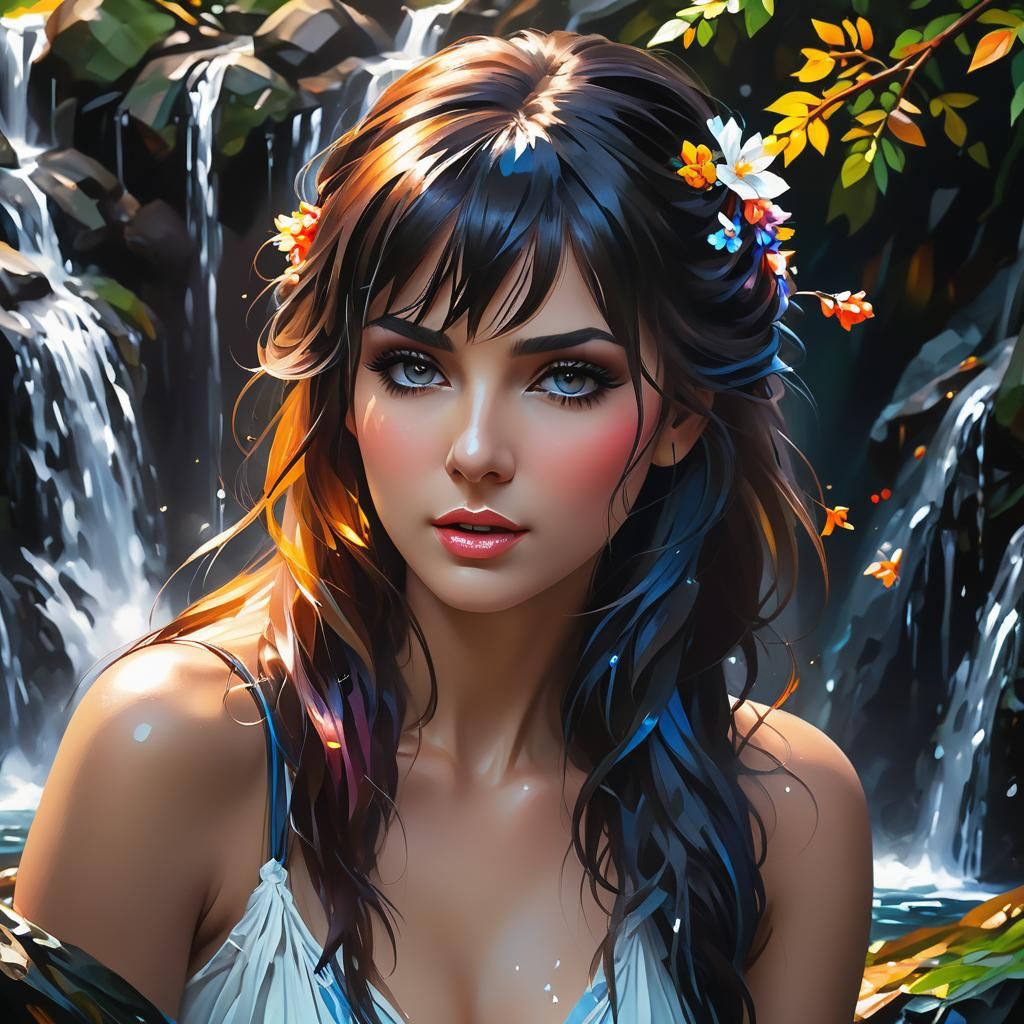 Waterfall Portrait in Oil Impasto Style