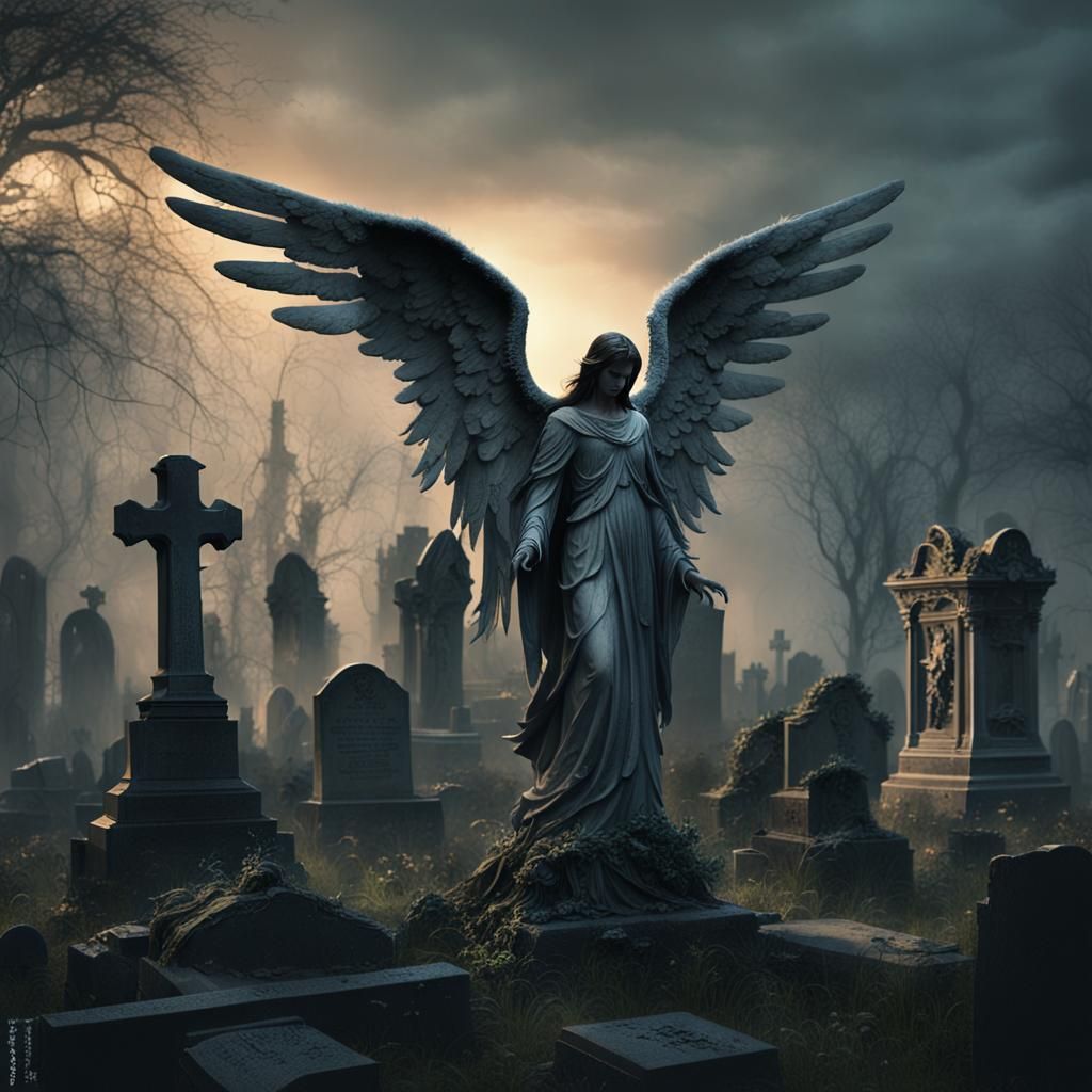 Stone Angel in Overgrown Graveyard: Dark Fantasy Art