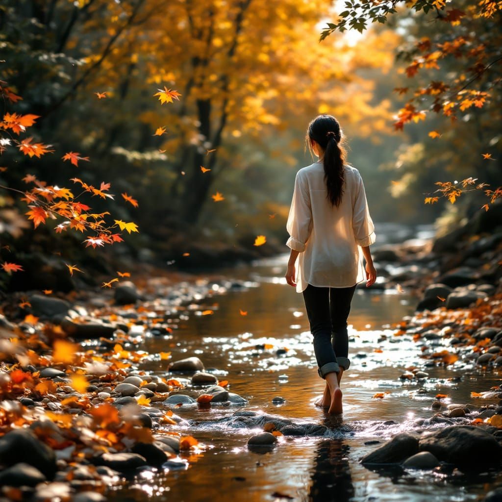 Thai Woman Walks Autumn Stream: Natural Light Photography
