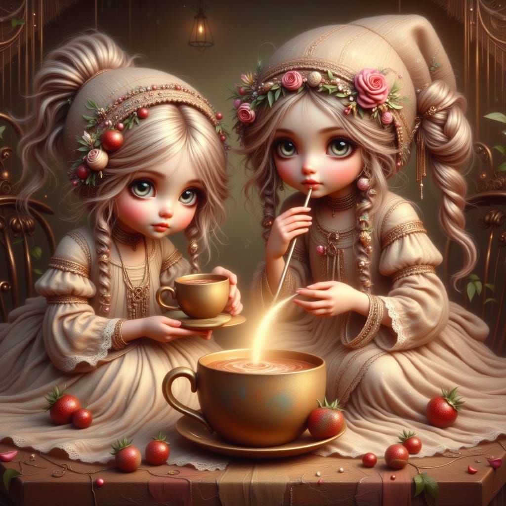Tiny Ladies Enjoy Hot Chocolate in Teacup