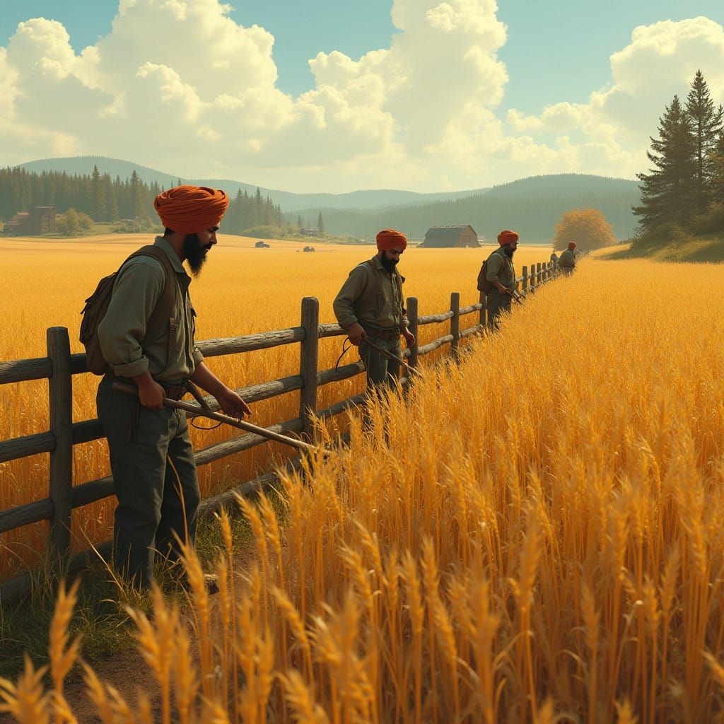 Vintage Punjabi Labourers in a Golden Canadian Landscape