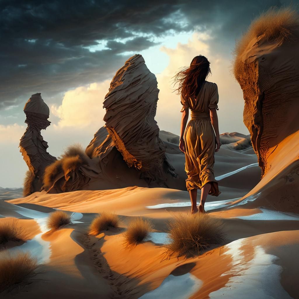 Woman's Desert Search: Hyper-Realistic Digital Art