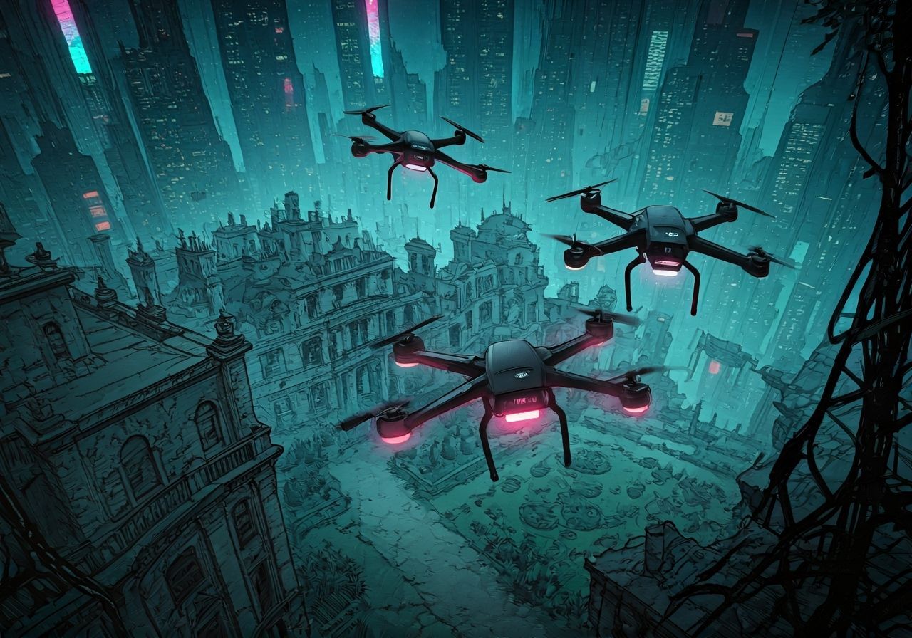 Cyberpunk Drones Over Ruined Garden, Graphic Novel Style
