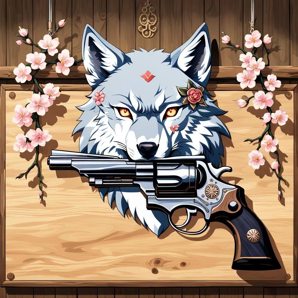 Elegant Anime Sign with Revolvers and Peach Blossom