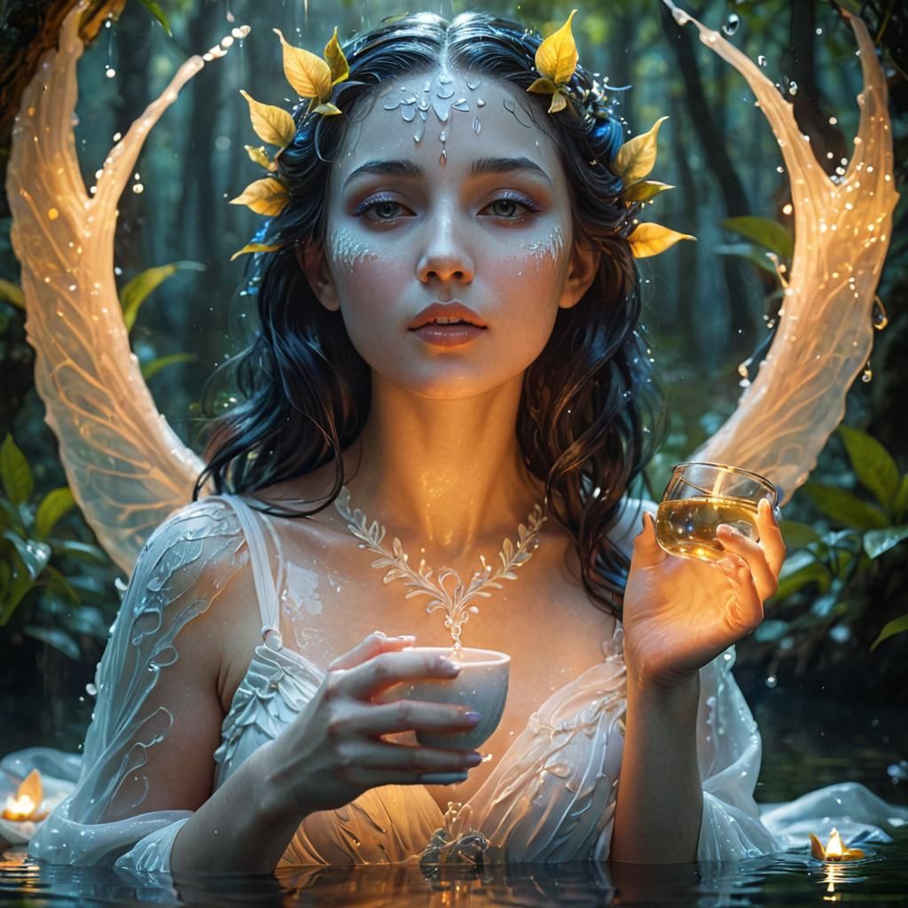 Water Nymph Sipping Tea in a Vibrant Forest