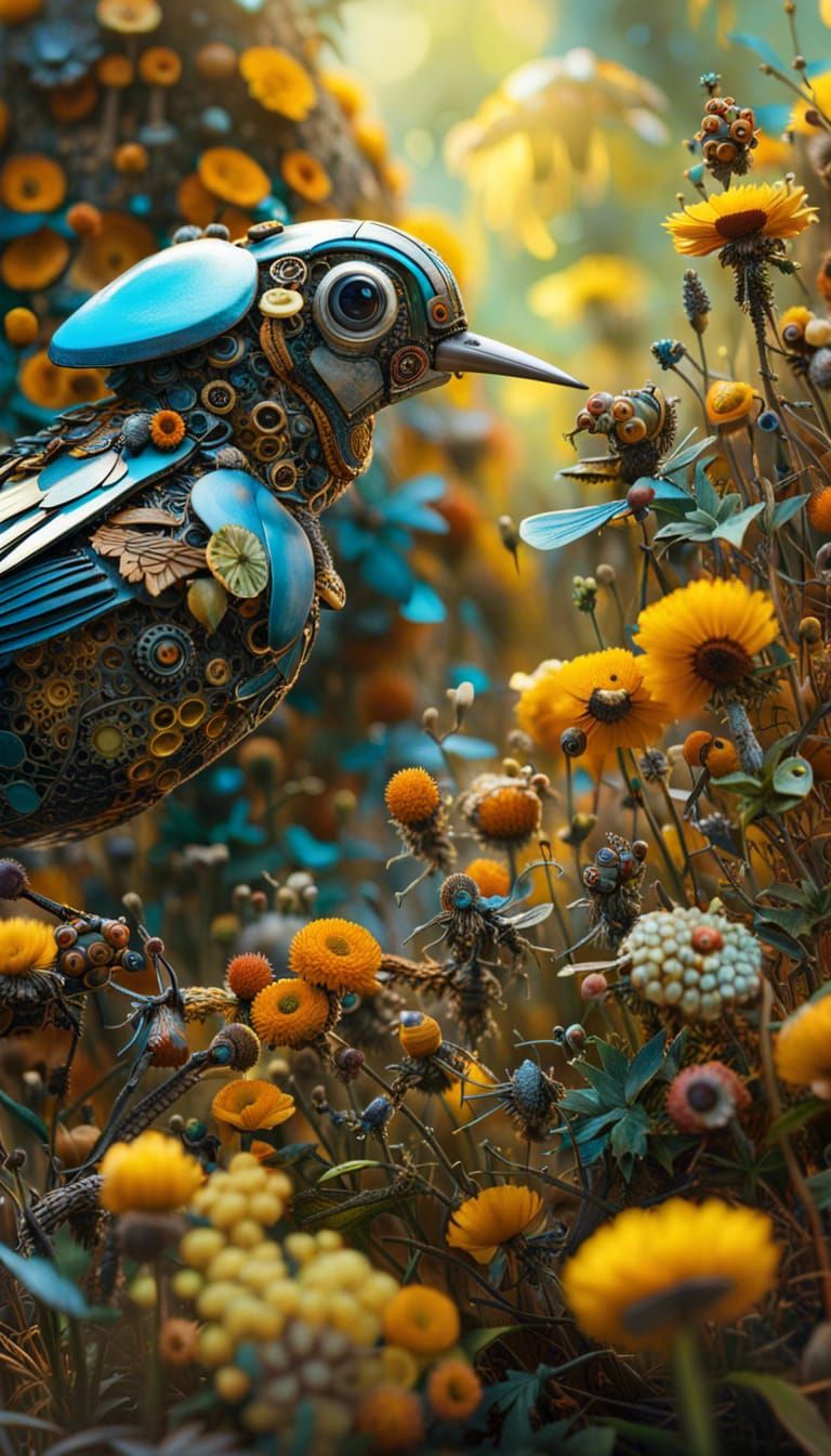 Robot Bird Apiary: Intricate Digital Masterpiece
