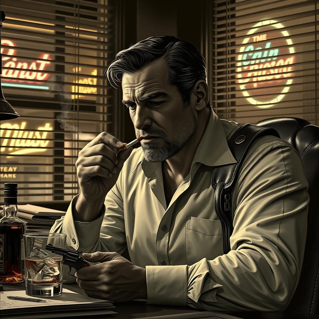 Noir Detective in Dimly Lit Office with Sepia Tone