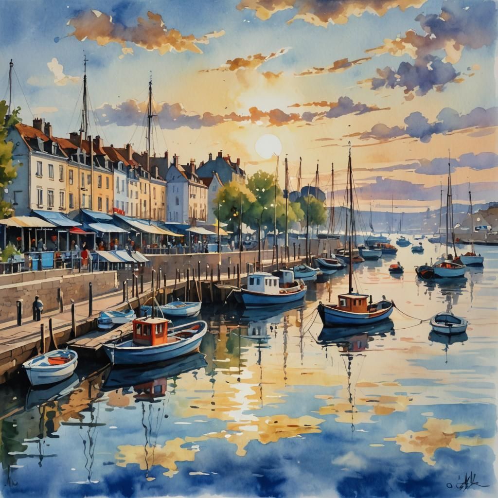 Picturesque Fishing Port in Gouache Watercolor Style