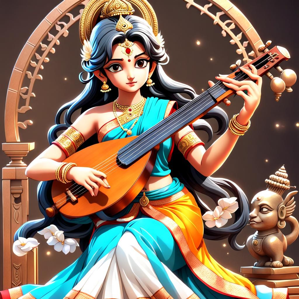 Goddess Saraswati with Veena, Anime Style 3D Art