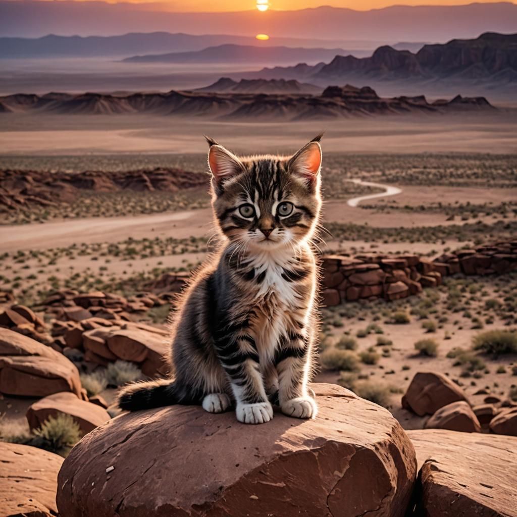 Grumpy Kitten at Desert Sunset Landscape View