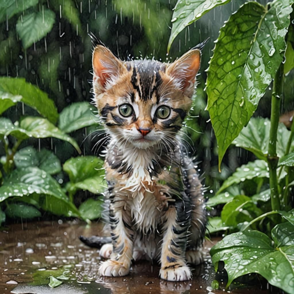 Kitten in Rain: Watercolor with Fine Brushstrokes