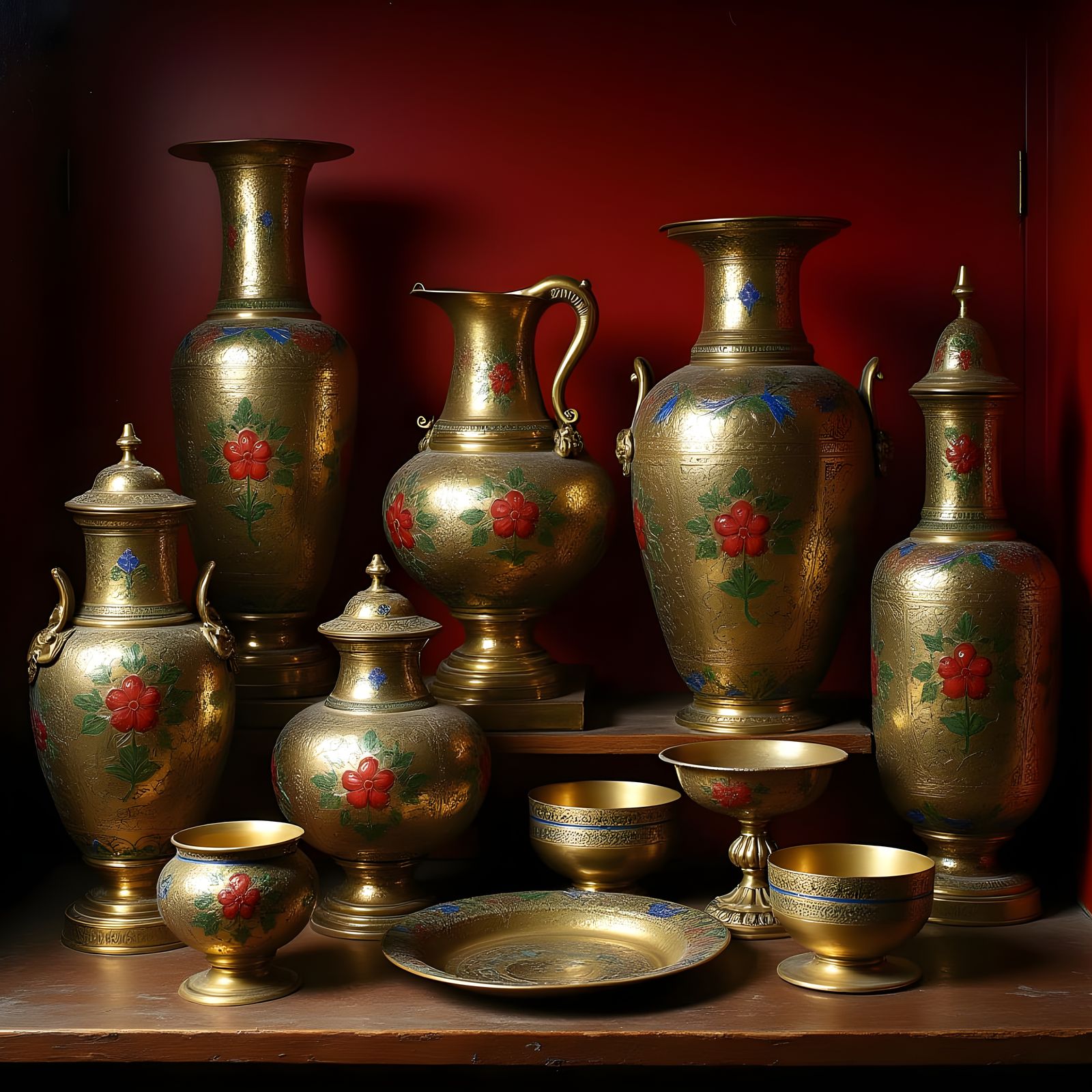 Antique Brass and Enameled Decorative Items Still Life