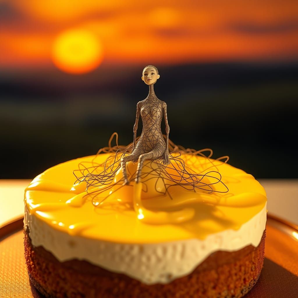 Surreal Cheese Figurine on Cheesecake at Sunset