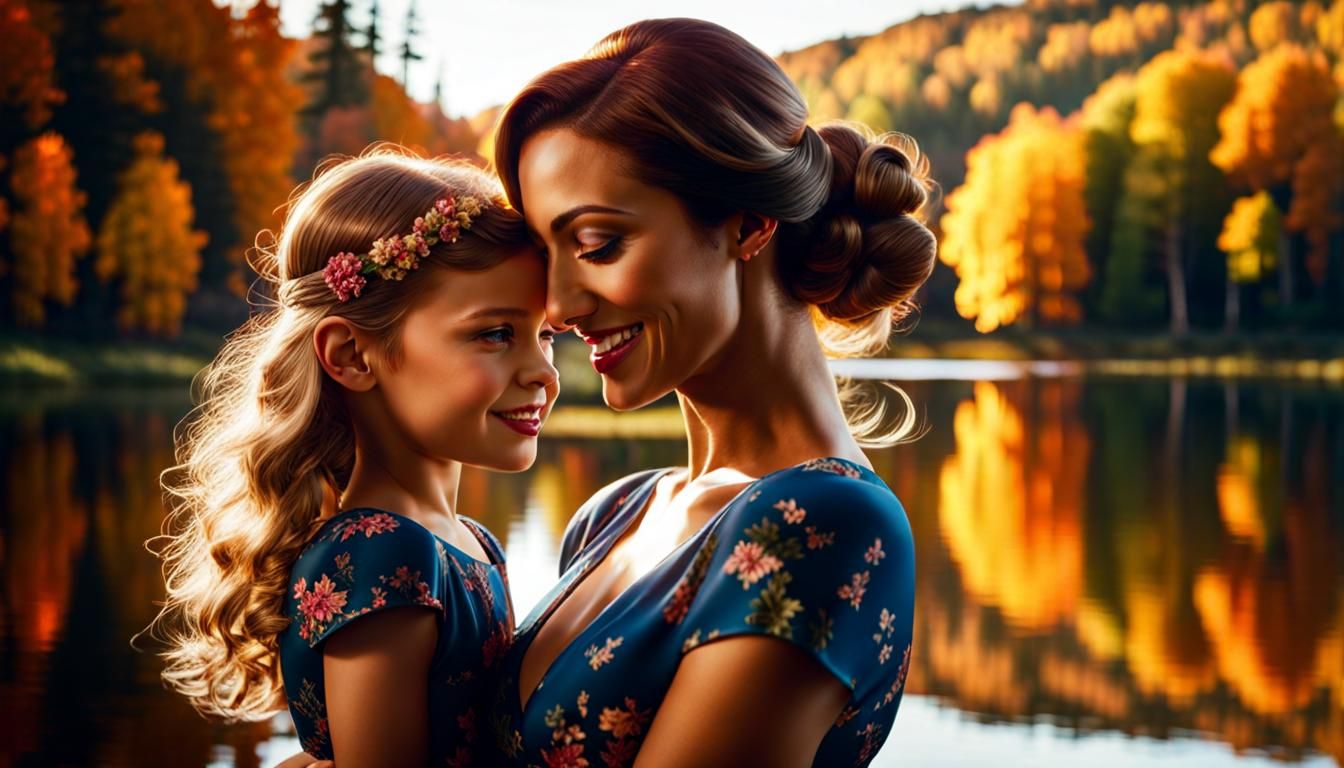 Mother and Daughter's Lakeside Reflection in Photorealistic ...