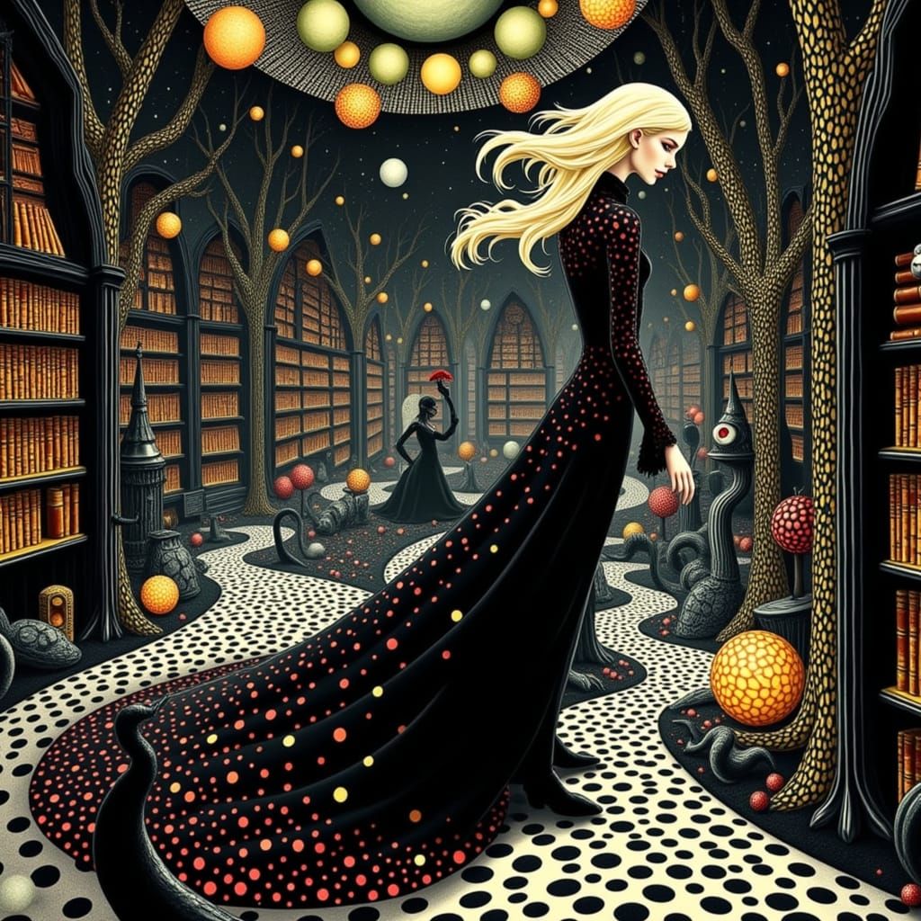 Mysterious Woman in Gothic Library with Enchanted Books