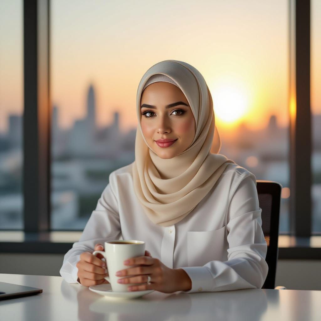 Confident Hijabi Woman Working in Minimalist Office