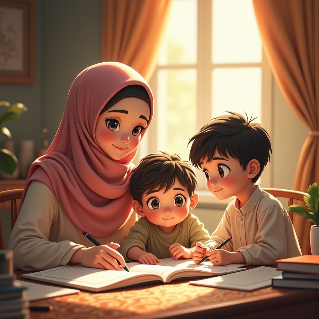 Muslim Family Learning Together in Anime Style