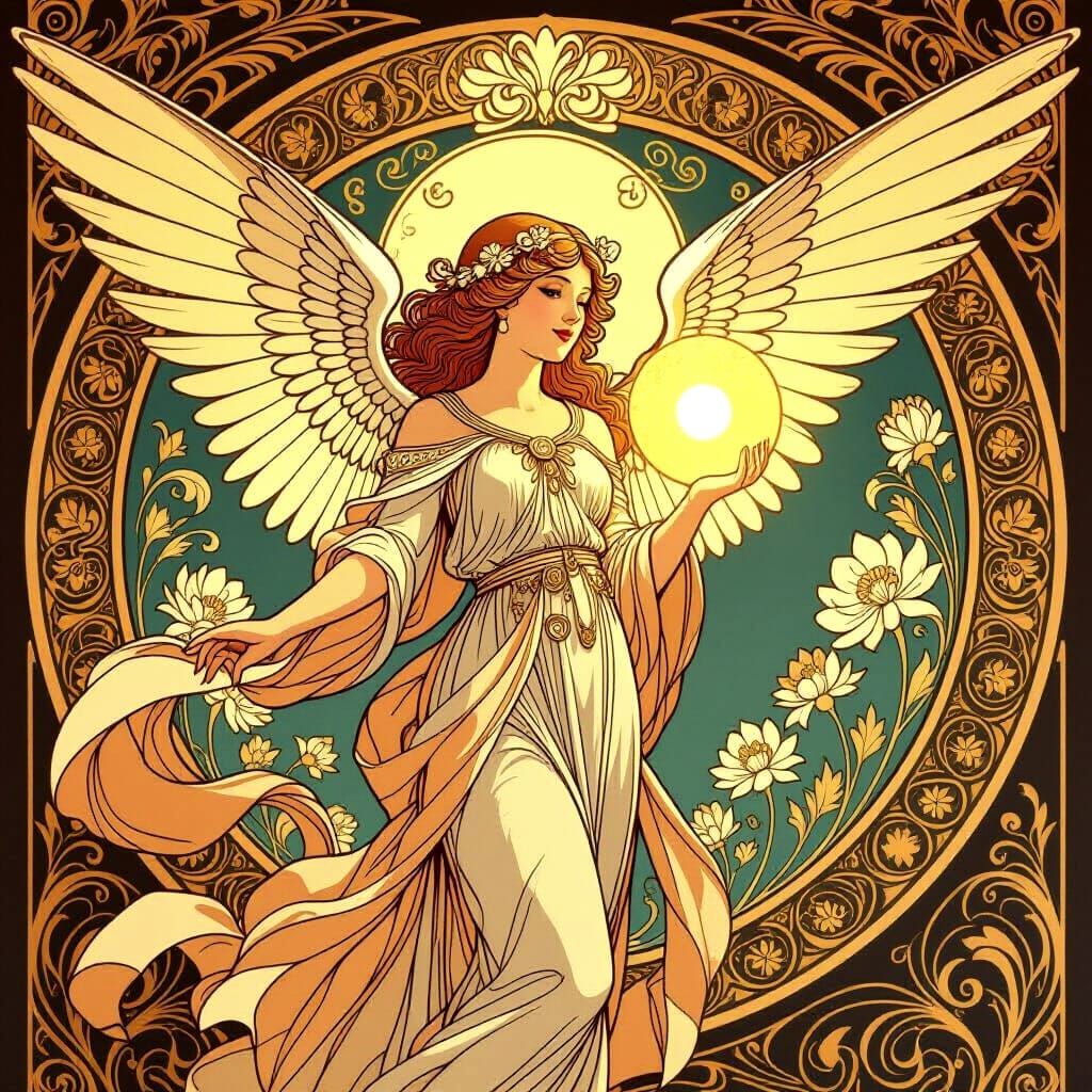 Elegant Angel with Glowing Orb in Art Nouveau Style