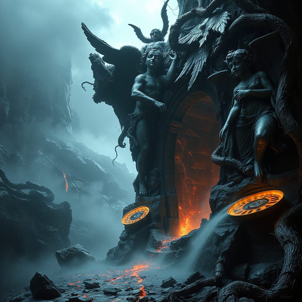 Obsidian Portal with Angelic Statues in Chiaroscuro