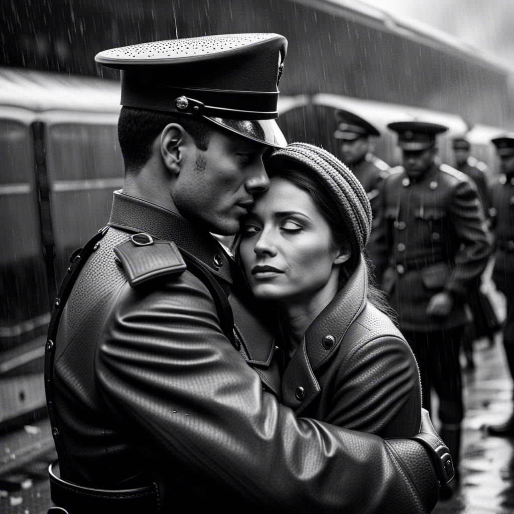 Soldier's Farewell: A Rainy Morning Embrace