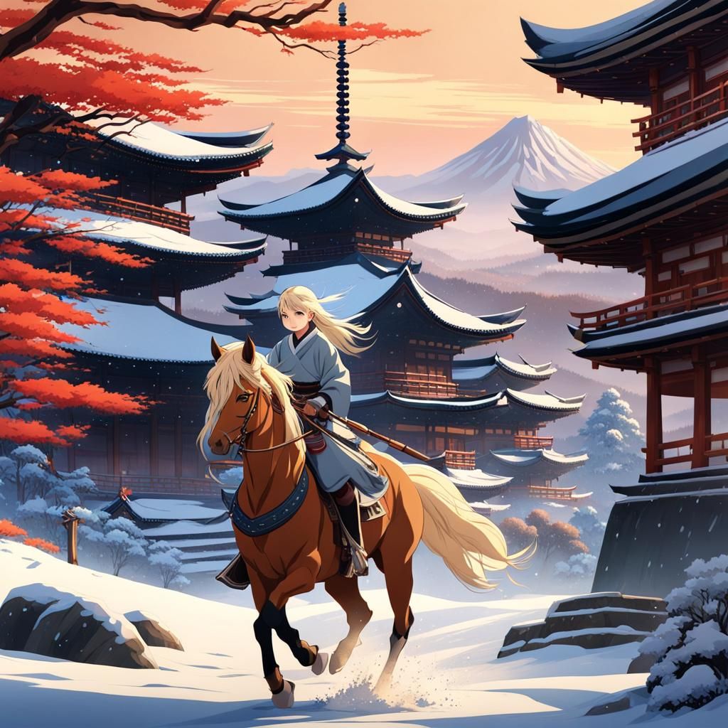Anime Samurai Horse Rider in Winter Landscape
