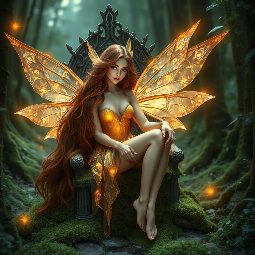 Enchanting Fairy on Forest Throne, Mystical Lighting