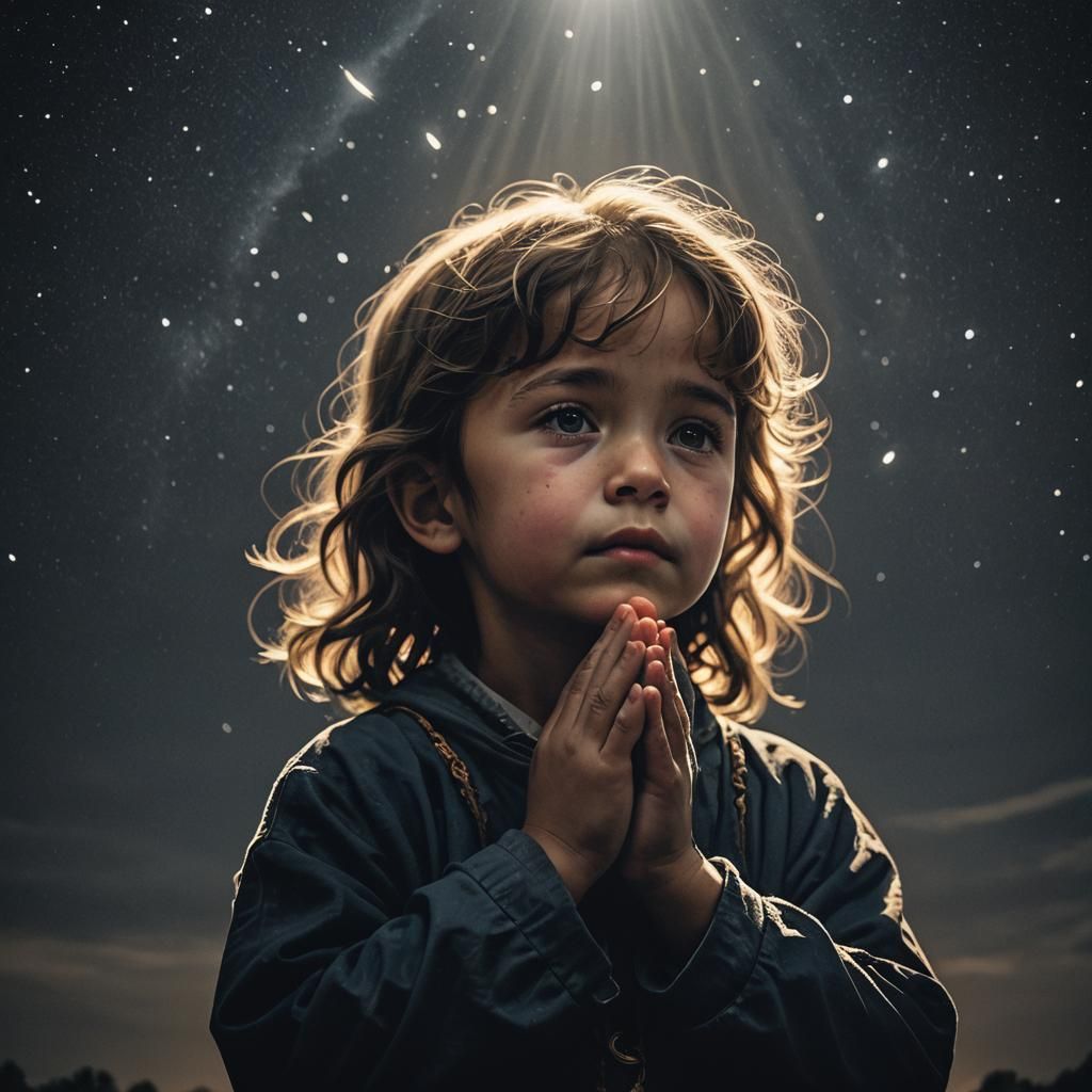 Child Praying in Darkness Under Bright Light