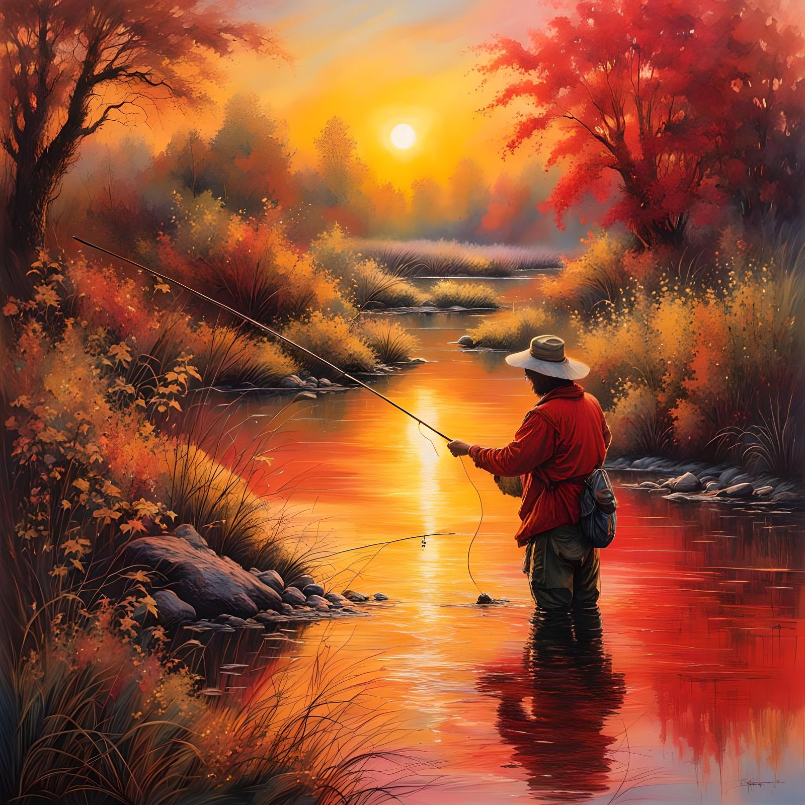 Ethereal Sunrise Riverscape with Fisherman in Surreal Style