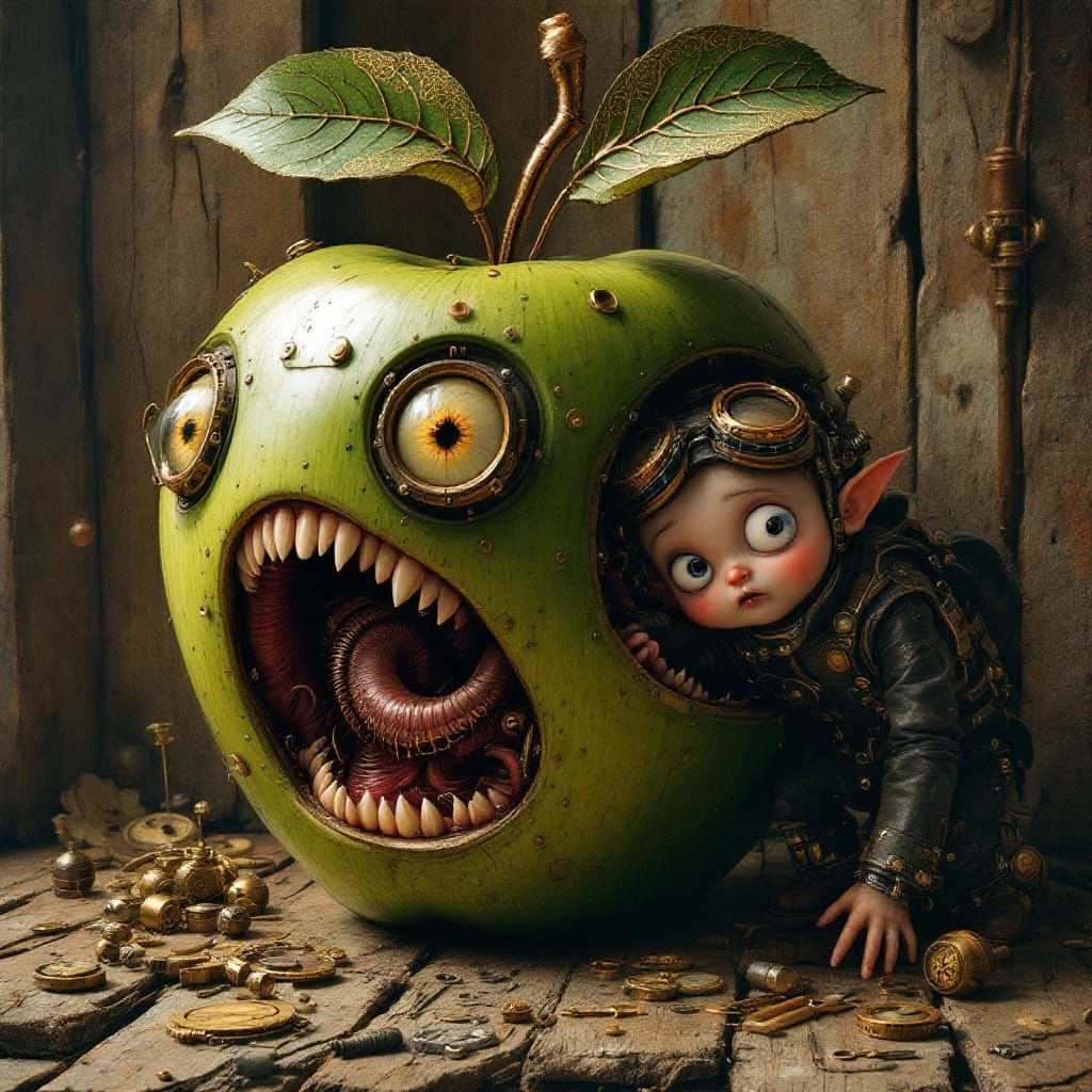 Steampunk Whimsy: Mechanical Apple and Frightened Child