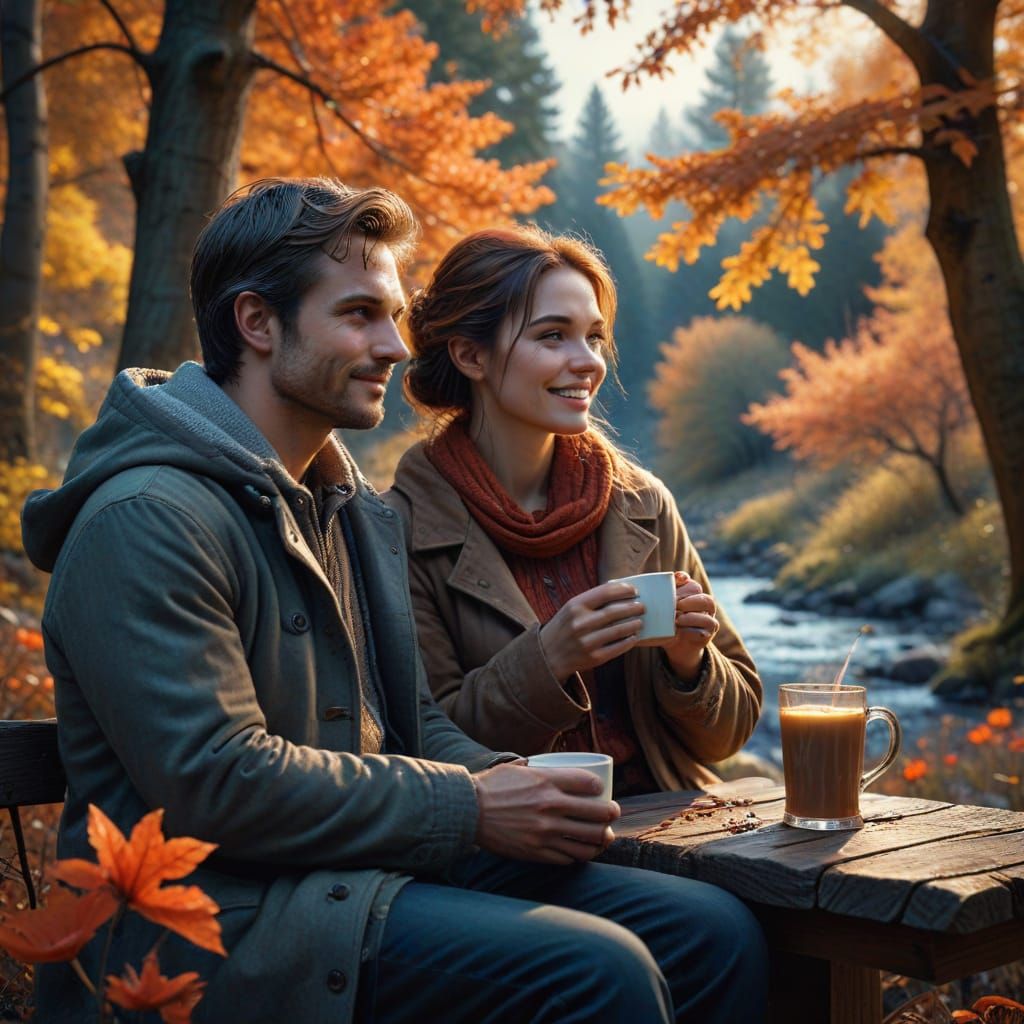 Romantic Autumn Date Under Milky Way, Watercolor