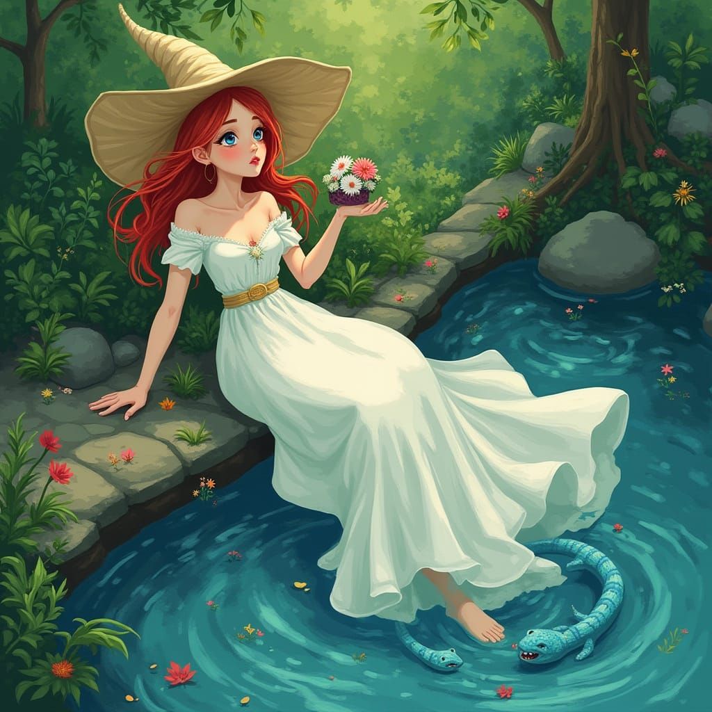 River Witch and Sea Serpent in Whimsical Style