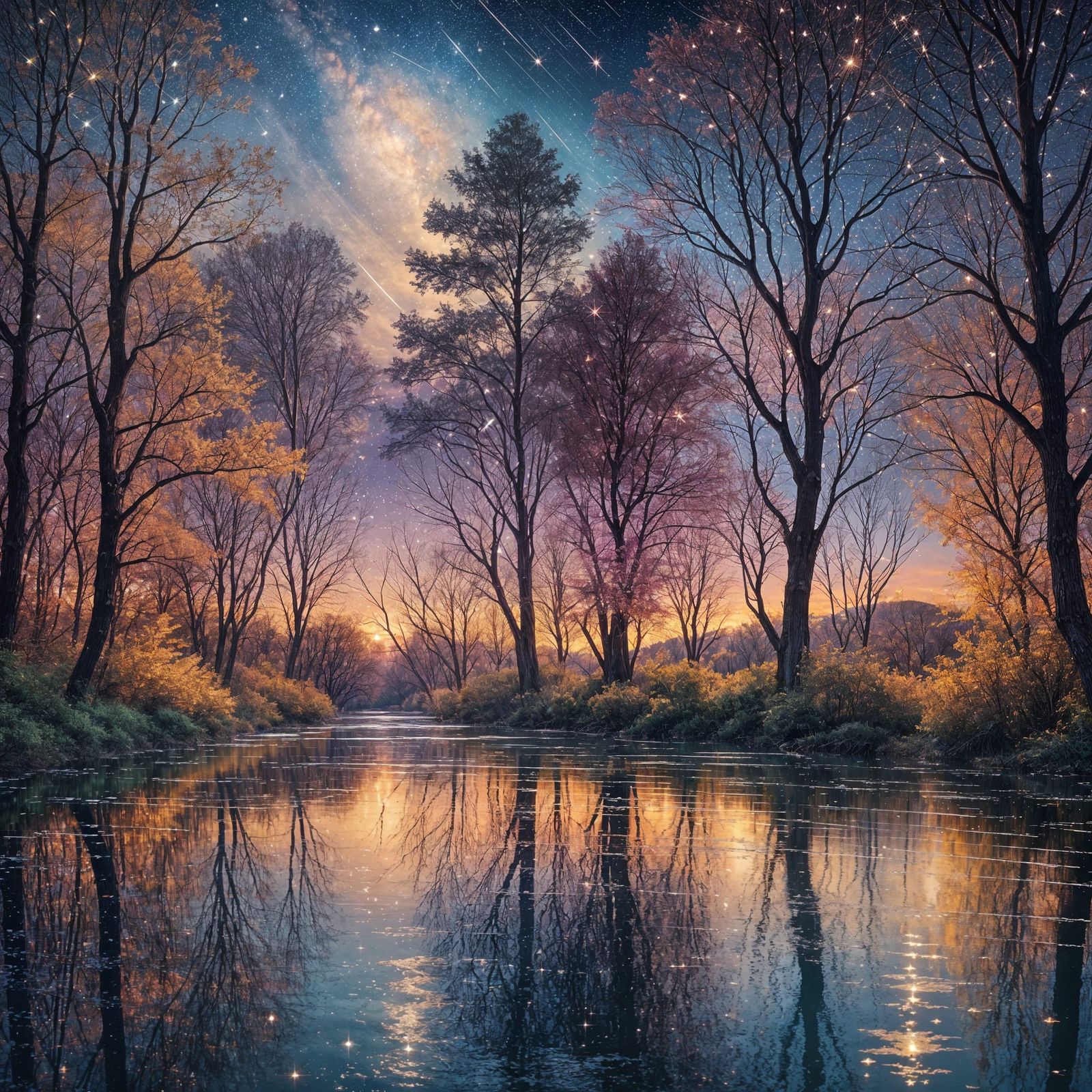 Brilliant Night Sky Reflected in River