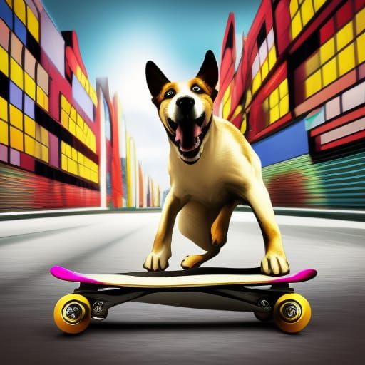 Dog Rides Skateboard in Hyperrealistic Splash Art