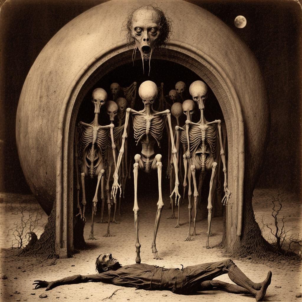 Nightmarish Creatures in Sepia Photograph, Surreal Horror
