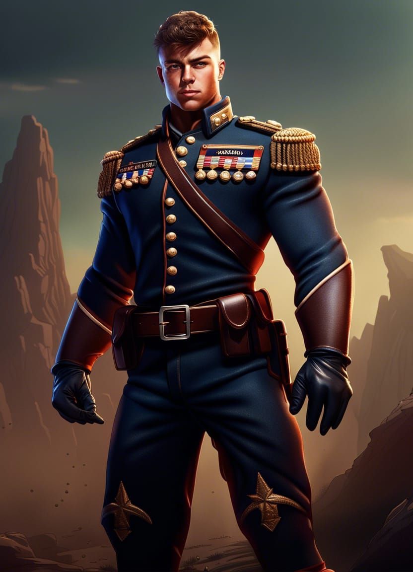 Muscular Man in Military Uniform: Detailed Matte Painting