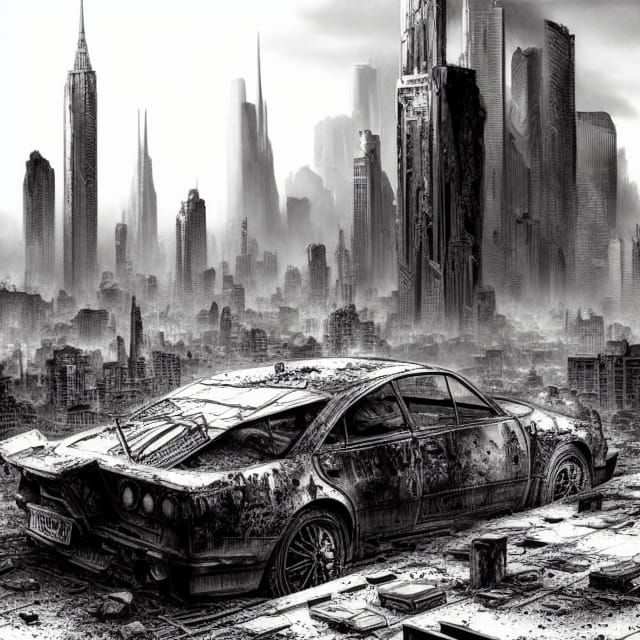 Ruined Cityscape: Greyscale Line Art