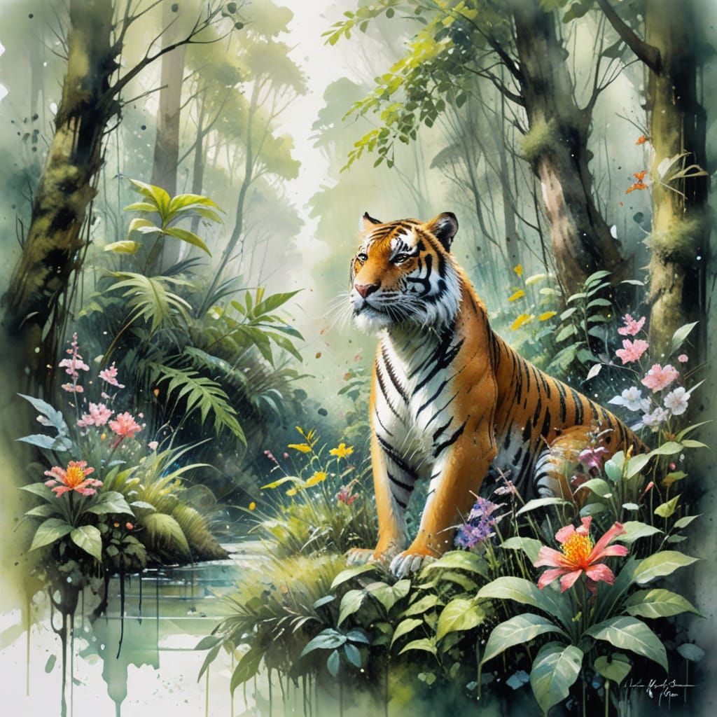 Tiger Amidst Vibrant Rainforest Blooms