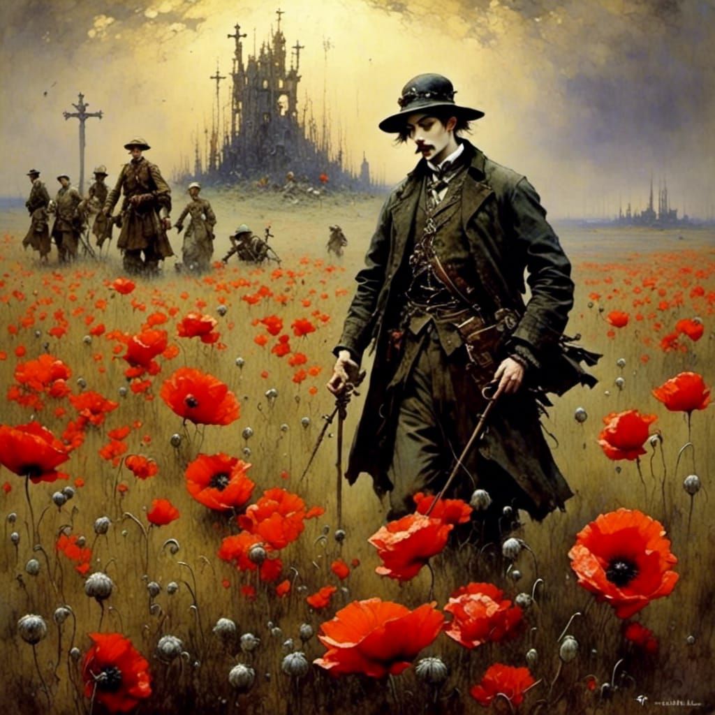 Poppies Among Crosses in Antique Watercolor Style