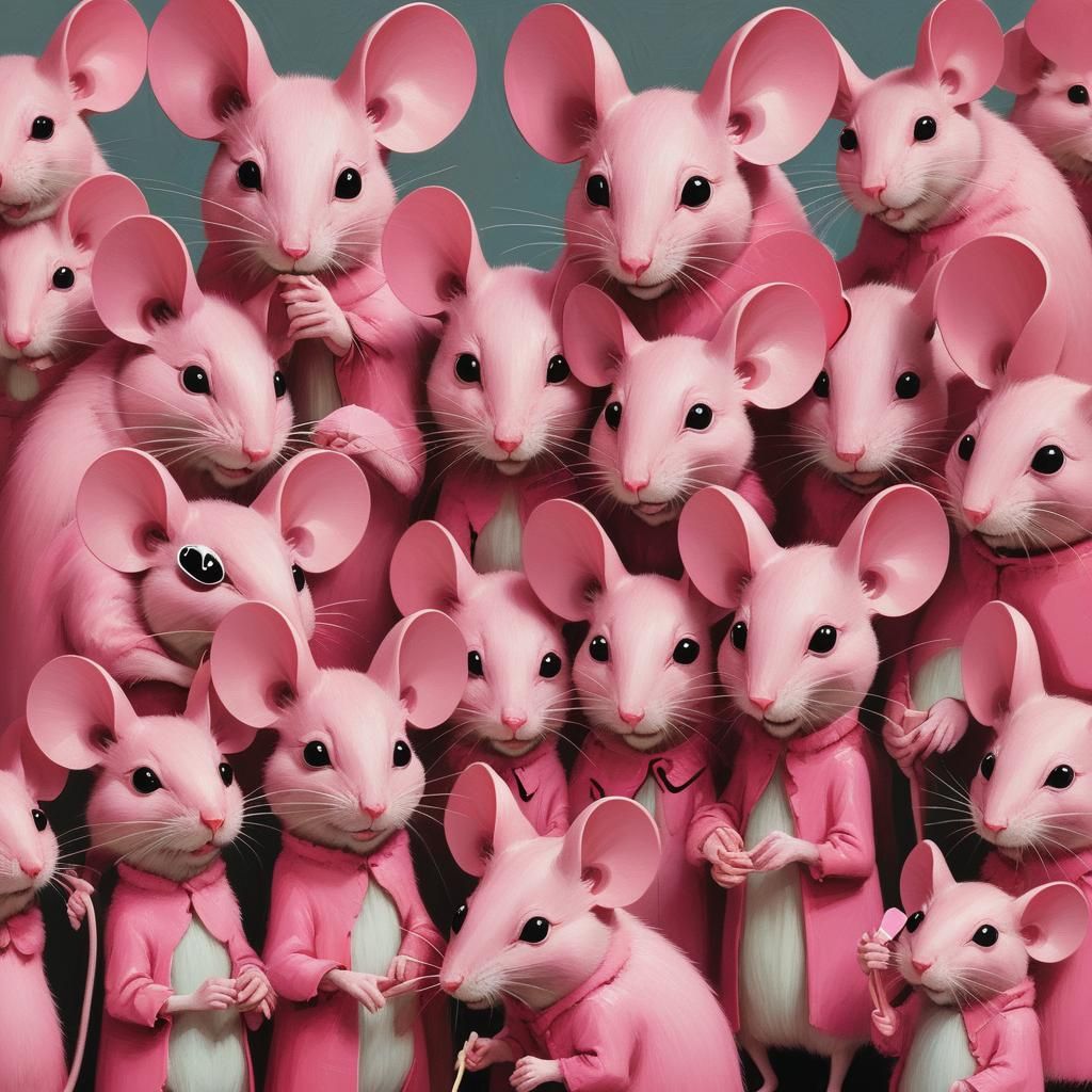 Pink Mice Protest in Surreal Pop Art Style