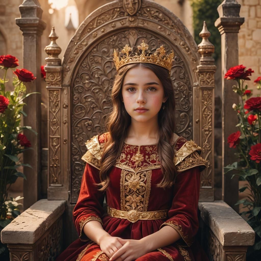 Young Girl on Throne in Medieval Style Portrait