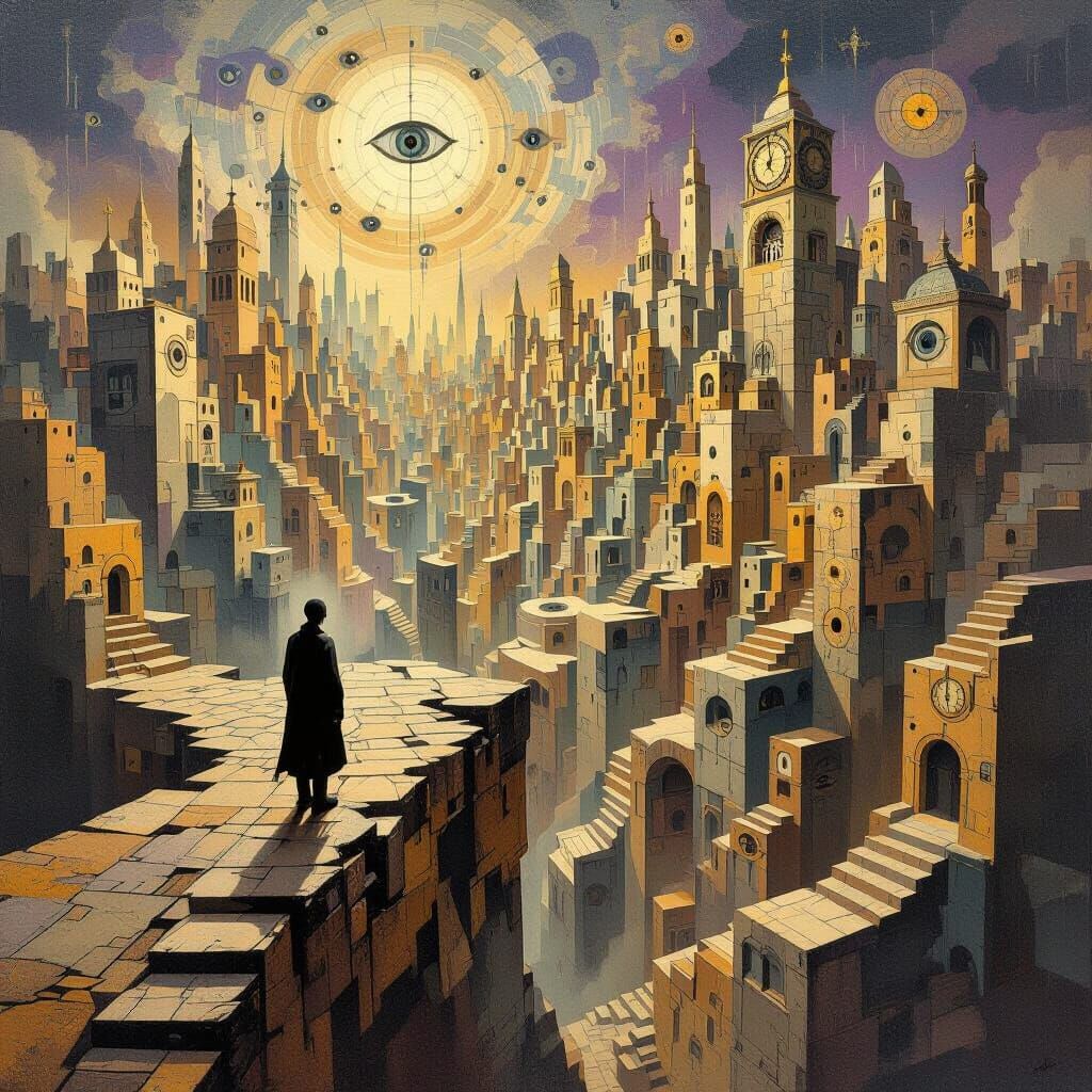 Anxious Figure in a Surreal Clockwork City