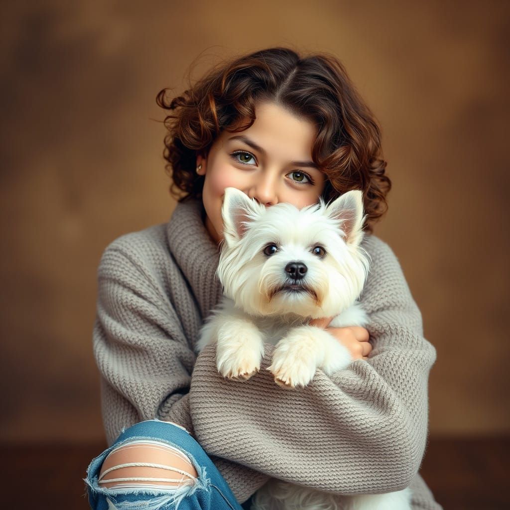 Teenage Girl Hugs a Westie in a Cozy Winter Scene