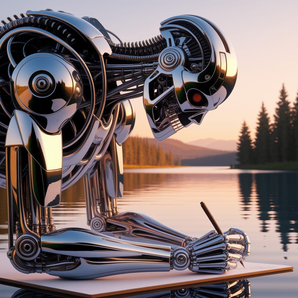 Terminator Drawing Peaceful Lake Scene in Hyperrealistic Sty...
