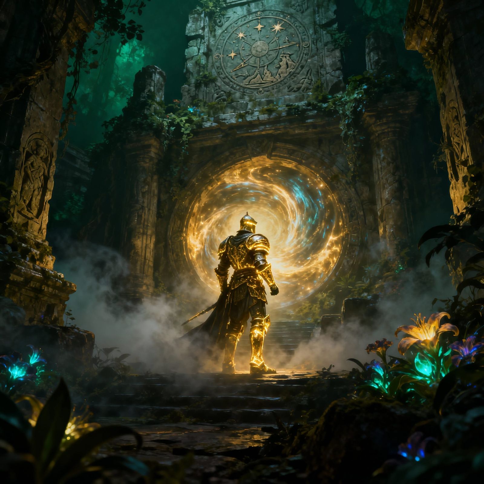 Knight Before Mystical Portal in Overgrown Temple