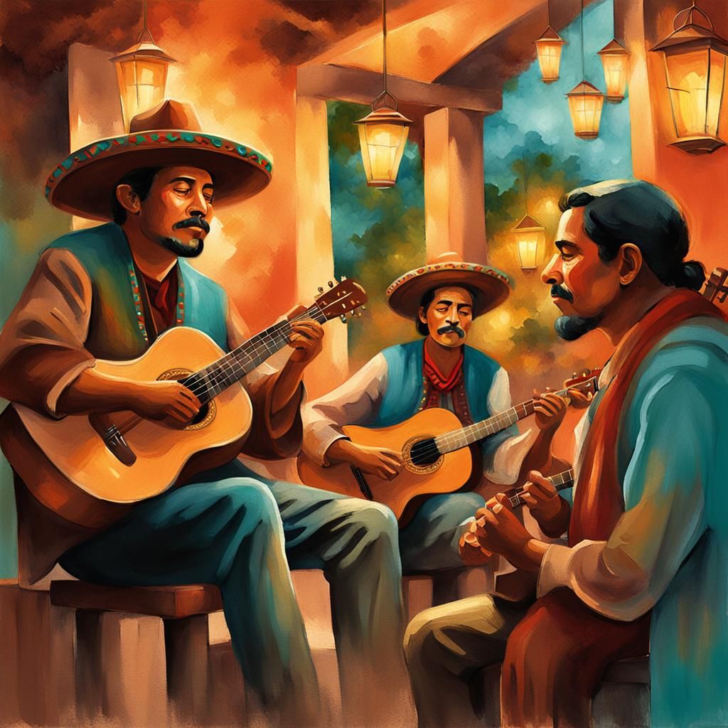 Mexican Singers in Restaurant, Oil Painting with Warm Tones